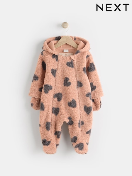 Tan Brown Heart Print Baby Borg Fleece All-In-One Pramsuit (0mths-2yrs) (265537) | € 20 - € 22