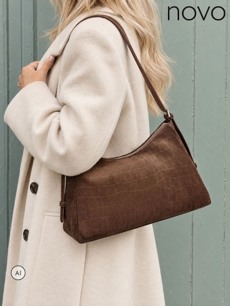 Brown - Novo Amanda Faux Croc Suede Shoulder Bag
