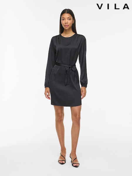 Black - Vila Satin Tie Belt Mini Dress