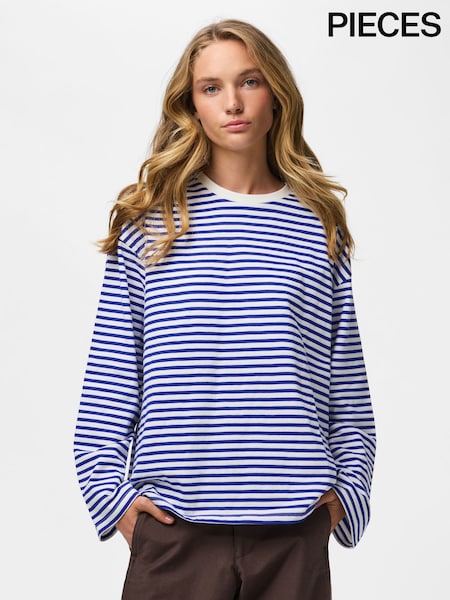 Alb și albastru - Pieces Striped Long-sleeve Jersey Relaxed Top