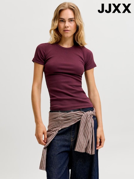 Burgunderrot - Jjxx Short Sleeve Ribbed Fitted T-shirt