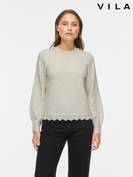 חום - Vila Scollap Edge Detail Knited Long Sleeve Top
