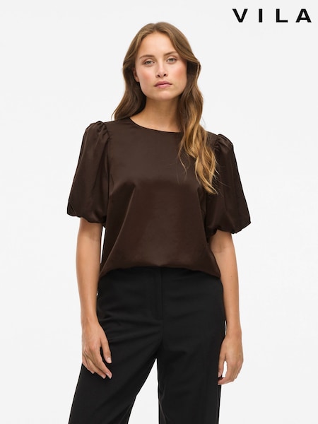 Brown - Vila Satin Puff Shoulder Top