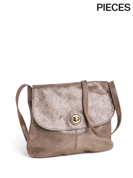 بني - Pieces Large Leather Cross-body Bag