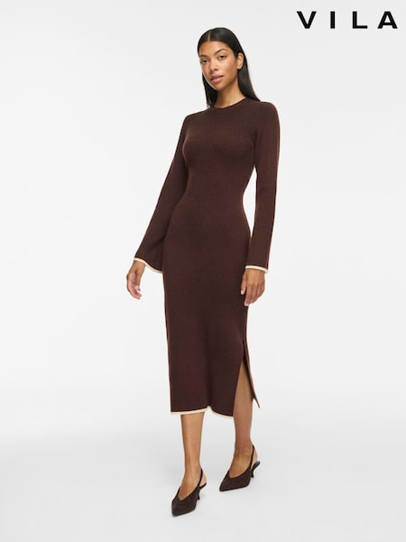 Brown - Vila Long-sleeve Knitted Midi Dress