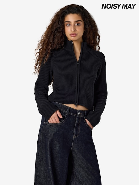 Black - Noisy May Double Zip Mockneck Knitted Cardigan