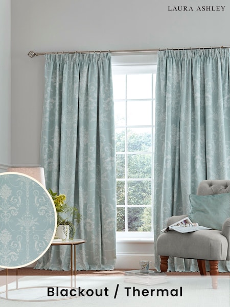 Laura Ashley Duck Egg Blue Josette Blackout 100% Cotton Lined Pencil Pleat Curtains (266587) | €81 - €225