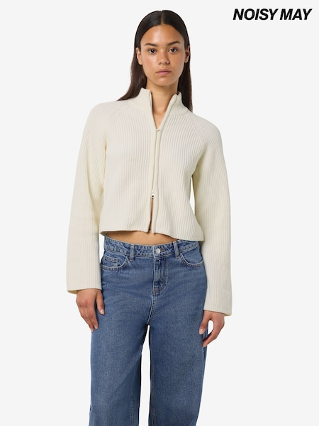 Weiß - Noisy May Double Zip Mockneck Knitted Cardigan