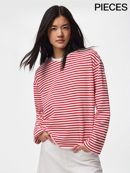 White - Pieces Long Sleeve Jersey Relaxed Top