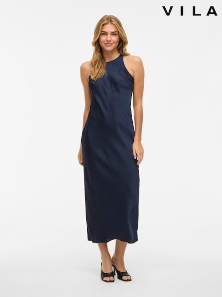 כחול - Vila Satin Midi High Neck Slip Dress