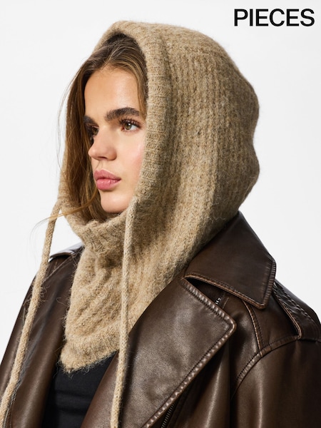 Brown - Pieces Knitted Balaclava Hooded Scarf