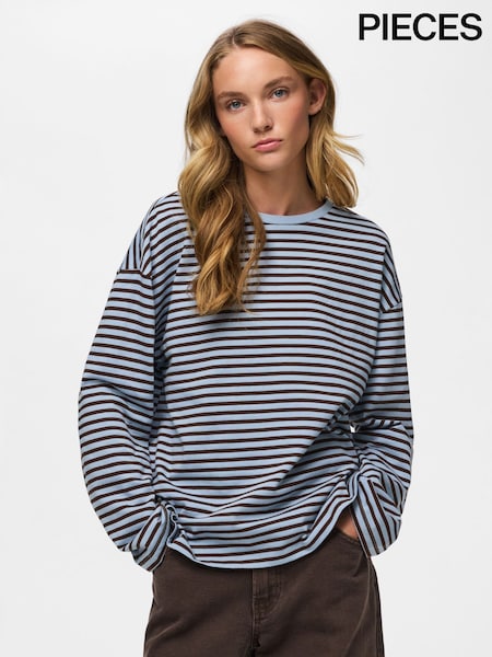 Albastru - Pieces Long Sleeve Jersey Relaxed Top