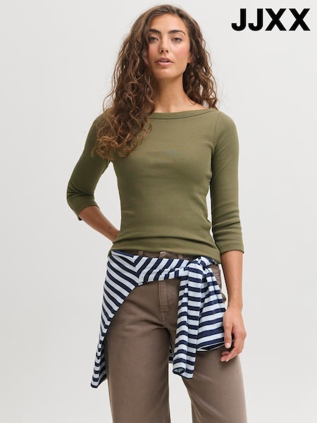 Green - Jjxx 3/4 Sleeve Boatneck Fitted Top