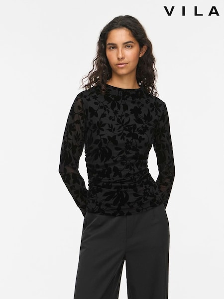 Black - Vila Floral Embossed Mesh Long Sleeve Top