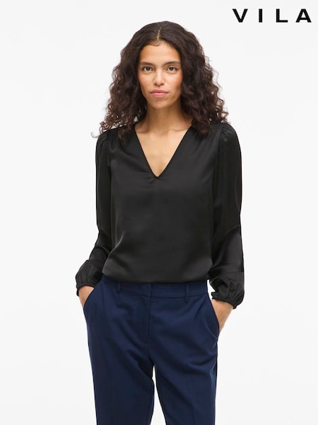 Noir - Vila Long-sleeve V-neck Satin Blouse