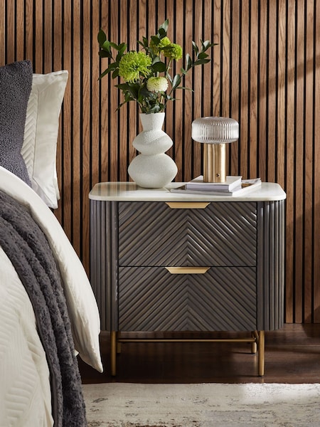 Dark Grey Valencia Marble and Mango Wood 2 Drawer Wide Bedside Table (267347) | €550