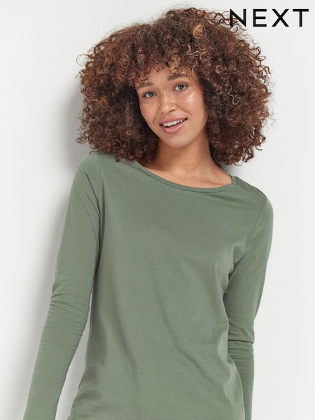 Green Khaki Long Sleeve Crew Neck 100% Cotton Top (267413) | 24 QAR