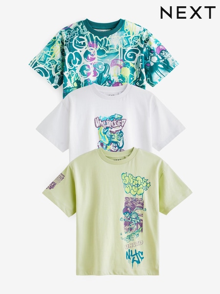 Lime Green/White Graffiti Relaxed Fit Graphic 100% Cotton Short Sleeve T-Shirts 3 Pack (3-16yrs) (267465) | AED20 - AED26