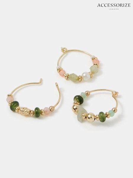Gold - Accessorize Mini Beaded Hoop Earrings 3-pack