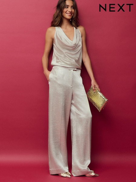 Silver Satin Textured Metallic Wide Leg Trousers (267957) | €32