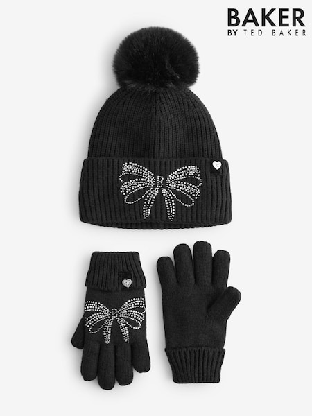 Baker by Ted Baker Girls Knitted Diamante Black Pom Hat And Gloves Set (268267) | 30 €