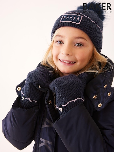 Baker By Ted Baker Girls Navy Pom Beanie And Gloves Set (268292) | ‏141‏₪
