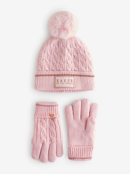 Rosa - Baker by Ted Baker Girls Pink Knited Pom Hat And Gloves Set (268370) | 30 €