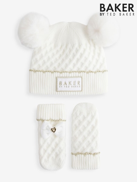 Cream - Baker By Ted Baker Girls Cream Double Pom Eared Hat and Mittens Set (268414) | 28 €