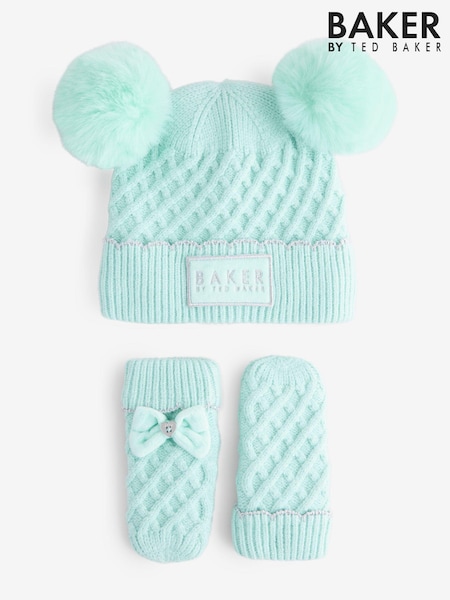 Blau - Baker By Ted Baker Girls Cream Double Pom Eared Hat and Mittens Set (268510) | 28 €