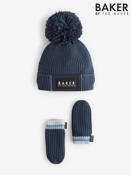 Baker by Ted Baker Boys Navy Pom Beanie And Mittens Set (268791) | AED109