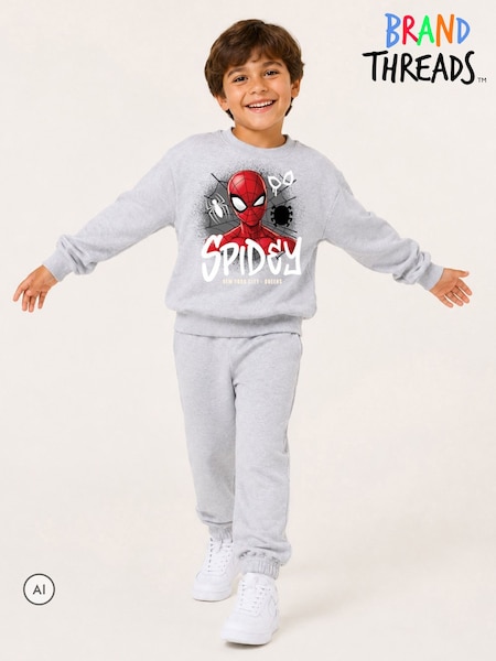 Pelēks - Brand Threads Boys Spiderman Sweatshirt & Joggers Set