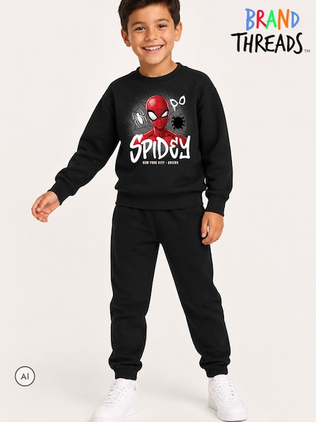 Melns - Brand Threads zēnu Spiderman sporta krekls un jogger komplekts