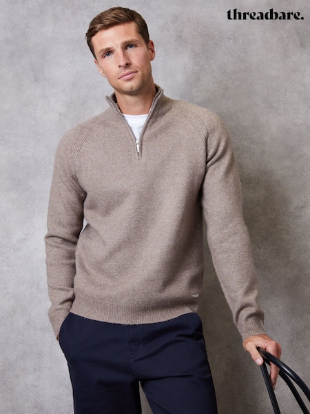Castanho - Regular Threadbare Raglan Rib Quarter Zip Knitted Jumper
