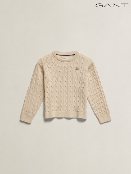 Cream - Gant Shield Cotton Cable Neck Sweater
