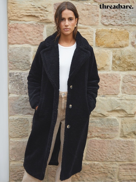 Black - Threadbare Longline Borg Teddy Coat