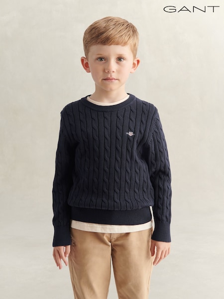 Blue - Gant Shield Cotton Cable Neck Sweater