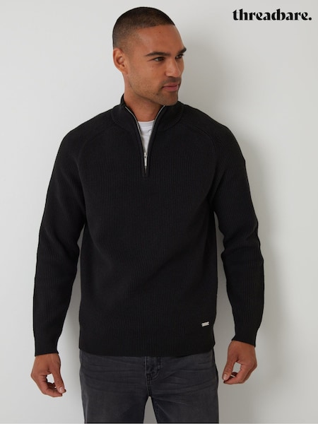 Melns - Regular Threadbare Rib Panel Quarter Zip Knitted Jumper