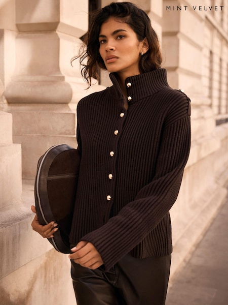 Brown - Mint Velvet Ribbed Knit Jacket
