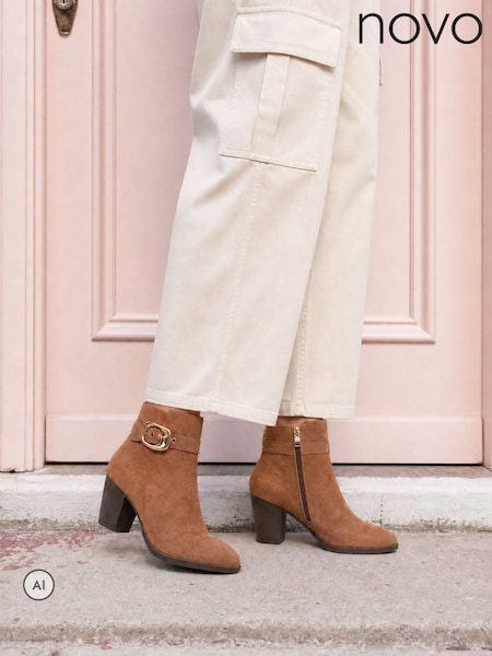 Natural - Novo Julianna Buckle Detail Almond Toe Block Heel Ankle Boots