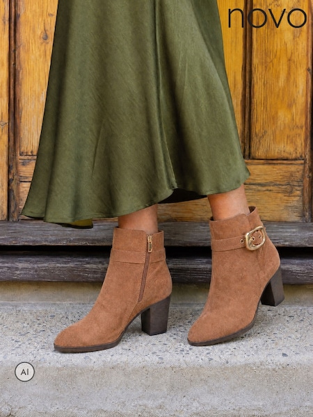 Natural - Novo Julianna Buckle Detail Almond Toe Block Heel Ankle Boots