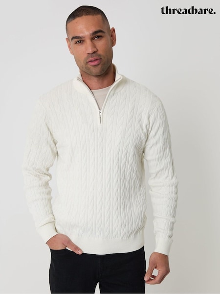 Blanco - Regular Threadbare Cable Knit Quarter Zip Jumper