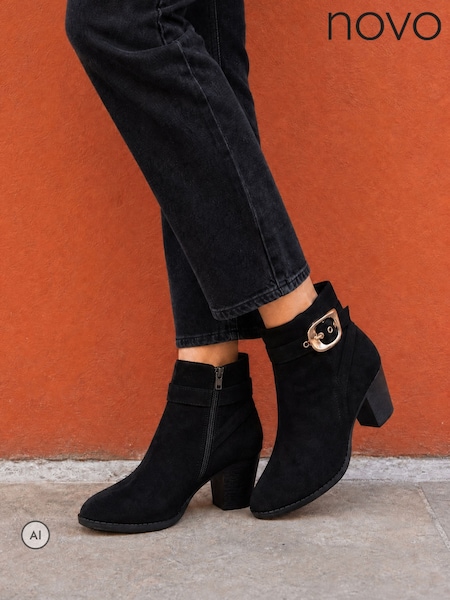 Black - Novo Julianna Buckle Detail Almond Toe Block Heel Ankle Boots