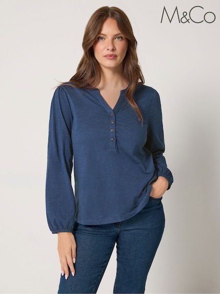 Blue - M&co Half Placket Cotton Long Sleeve Top