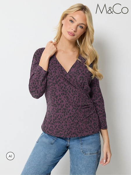 Purple - M&co Animal Print Cotton Rich 3/4 Sleeve Top