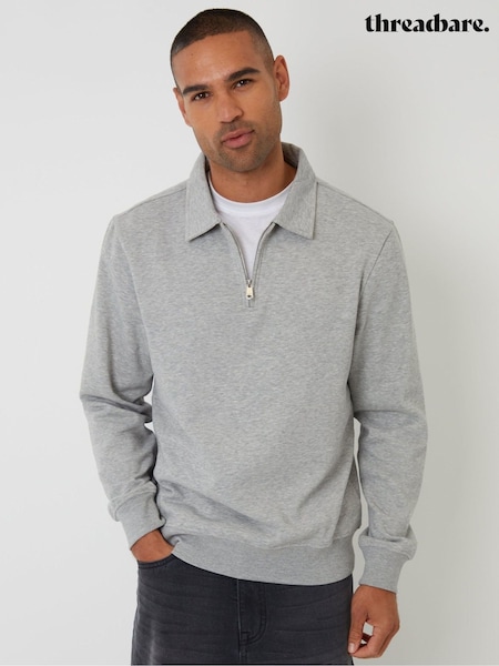 Grey - Regular Threadbare Quarter Zip Collared Sweatshirt