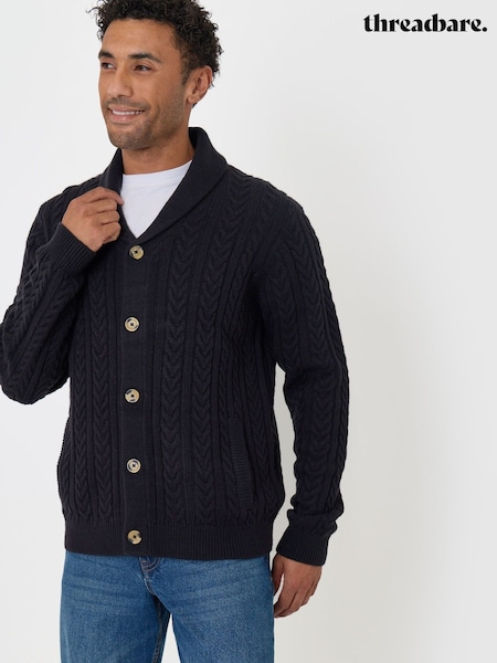 블루 - Regular Threadbare Cable Knit Shawl Cardigan