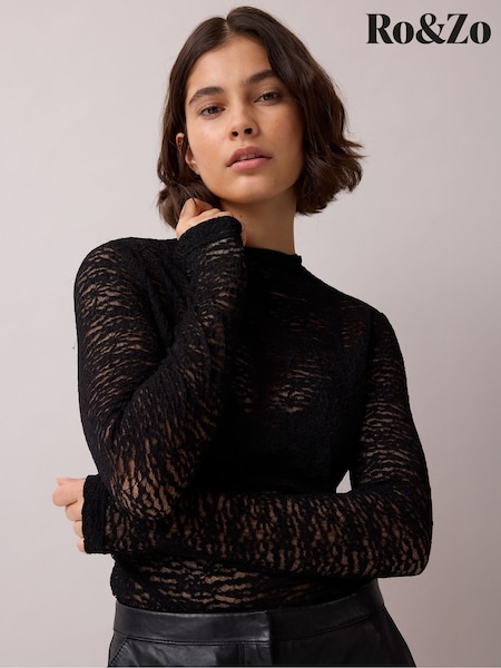 Black - Ro&zo Sheer Lace Long Sleeve Top
