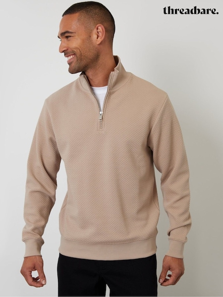 Castanho - Regular Threadbare Textured Quarter Zip Sweatshirt