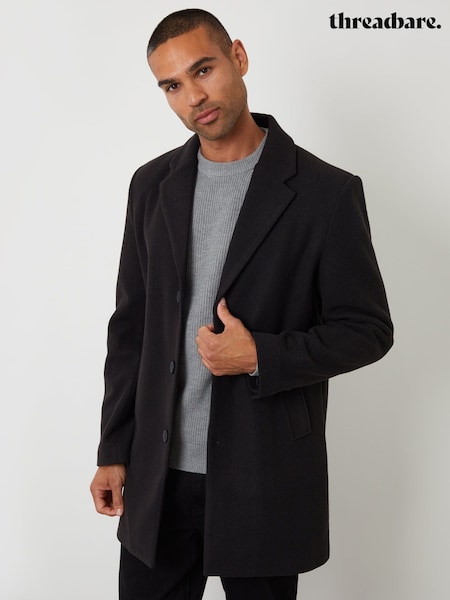 Black - Regular Threadbare Faux Wool Overcoat