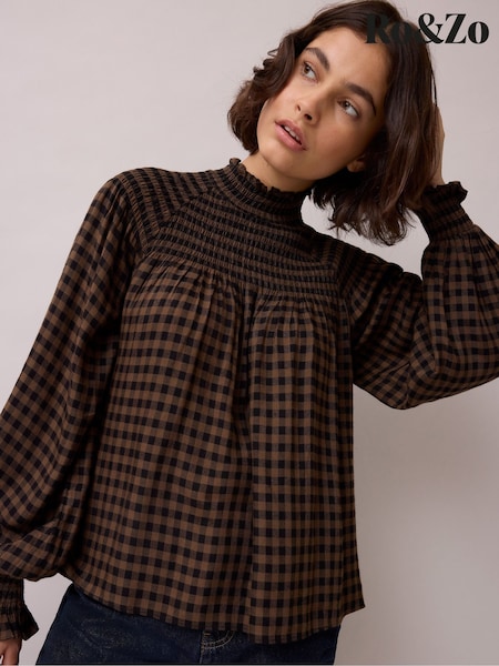 Brown - Ro&zo Gingham Shirred Neck Blouse